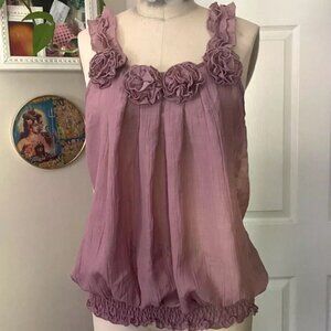 LOVE CULTURE PINK Silky Rose Applique Smocked Camisole Tank shirt *SMALL*